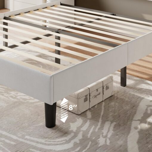 Feonase Full Size Bed Frame with Velvet Luxury Wingback Upholstered Button Tufted Storage Headboard, Full Platform Bed with Charging Station, Sturdy Wooden Slats Support, Easy Assembly, White - Image 3